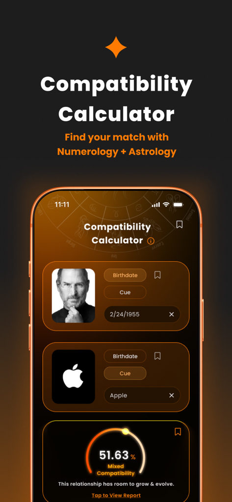 CUE占星術アプリのスクリーンショット。スティーブ・ジョブズとAppleの互換性を51％のスコアで比較する互換性計算機のインターフェースを表示。