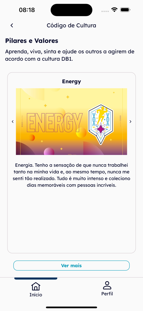 MySpace - MySpace app screen showing the Energy pillar under the DB1 culture code section