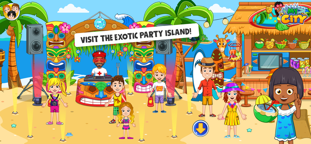 Cartoon characters enjoying a beach party on a tropical island with a DJ booth and exotic fruit drinks.