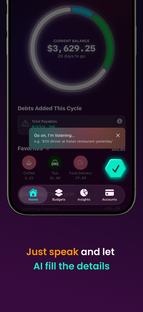 Kora Daily Expense Tracker - Kora 일일 지출 추적기 앱에서 거래를 기록하기 위한 AI 음성 명령 인터페이스