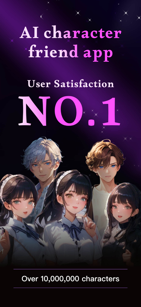 Pantalla promocional de la aplicación J.AI con personajes estilo anime y alta calificación de satisfacción del usuario