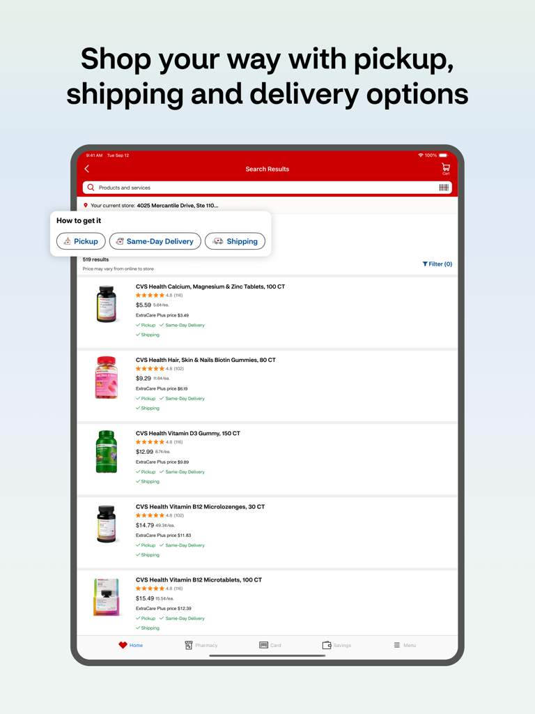 CVS - ピッキングと即日配送のオプションが表示されたビタミンが表示されたCVSアプリの検索結果画面。