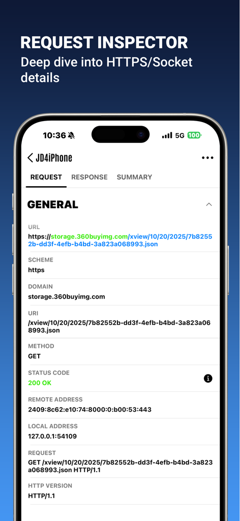 Network Sniffer app interface showing detailed HTTPS request inspection data on an iPhone