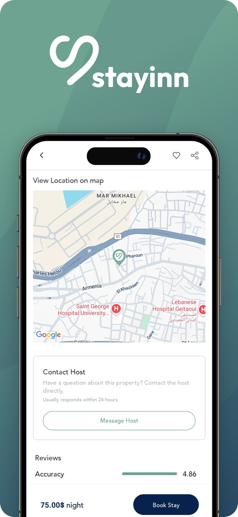 Stayinn: You have a home here - 베이루트 마르 미카엘의 숙소 지도 위치와 예약 세부 정보를 보여주는 Stayinn 앱 화면