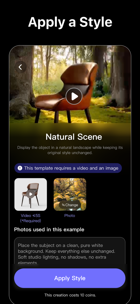 VE AI Video Generatorアプリのインターフェース。EC商品動画用のナチュラルシーンスタイルのテンプレートが表示されています。
