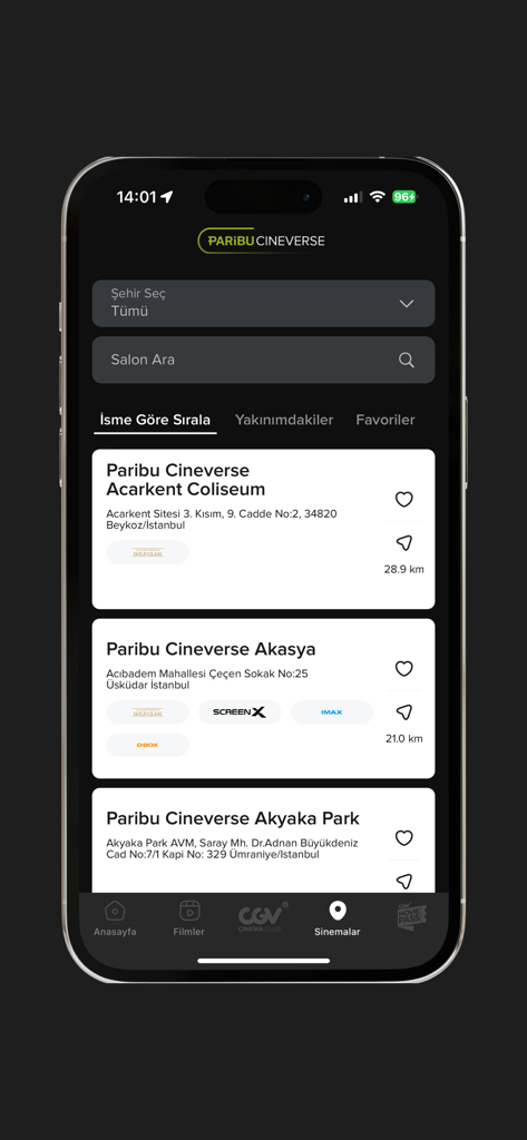 Cineverse - Mobile app interface for searching and listing cinema locations with distance and features