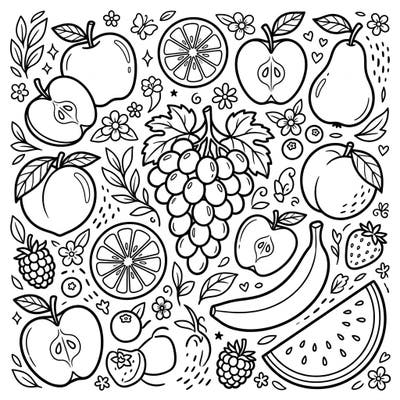 Dive into a world of delicious colors with this fantastic fruit coloring page designed just for kids! Featuring a delightful mix of apples, berries, grapes, and more, it's perfect for young artists to express their creativity.