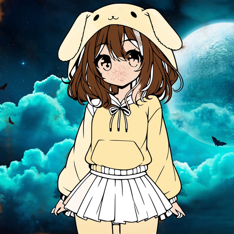 pretty anime girl wearing a fluffy hoodie with bunny ears on the hood and a skirt