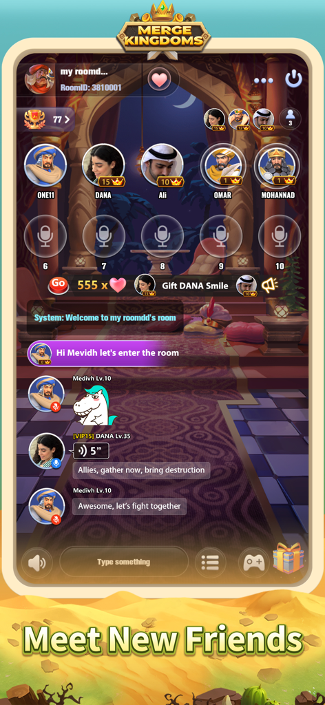 Merge Kingdoms - Sala social dentro del juego mostrando la función de chat de voz en tiempo real y la coordinación de la alianza en Merge Kingdoms.