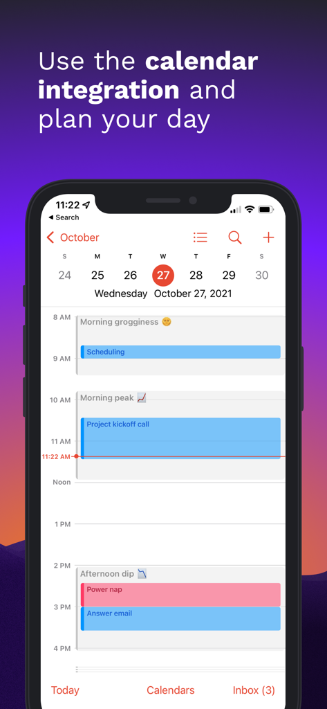 RISE: Sleep Tracker - Integración del calendario de la aplicación RISE que muestra los picos y caídas de energía diarios para la programación de tareas