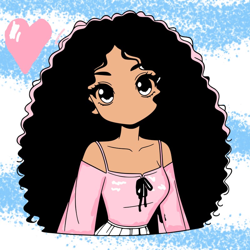 a black anime girl with long afro hair