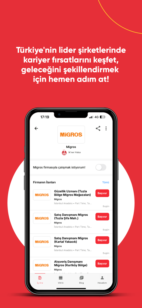 Secretcv - İş İlanı Ara & Bul - Secretcv mobile app interface showing a list of job openings for Migros in Turkey