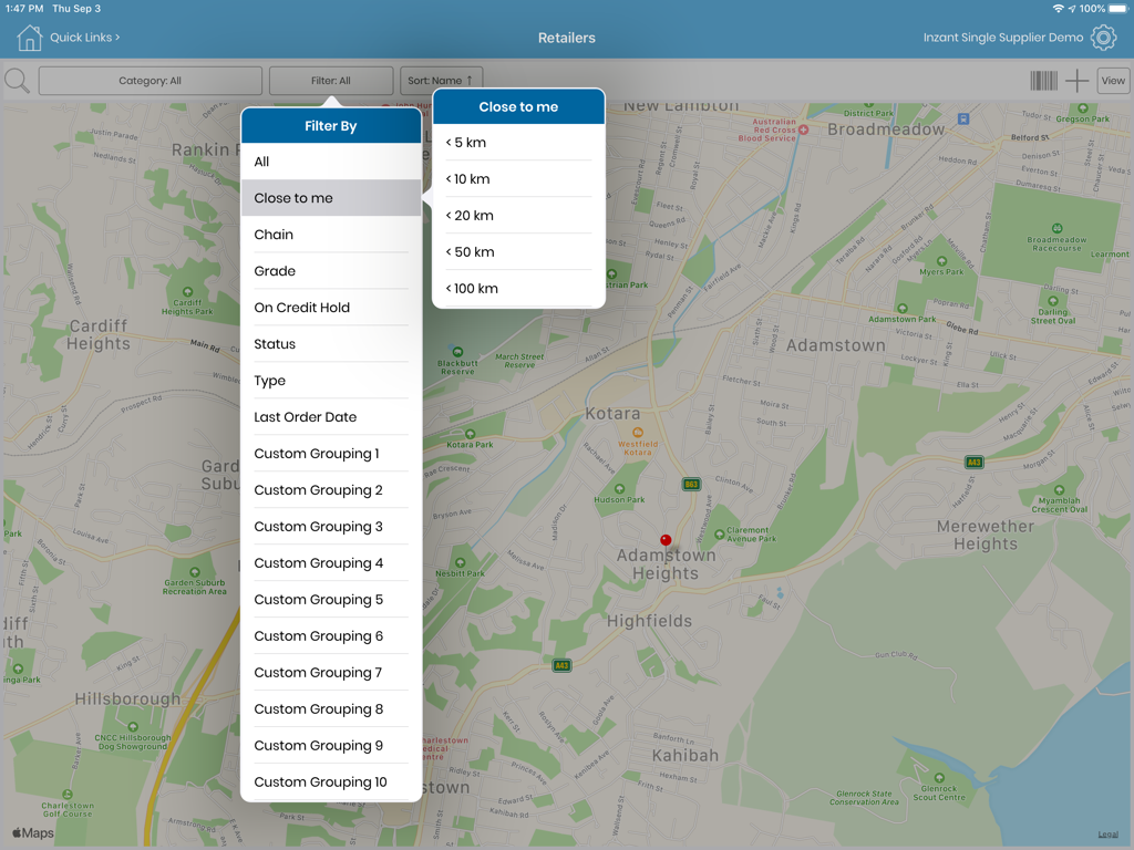 Inzant Sales CRM app map interface showing proximity filters for finding nearby retailers on an iPad.