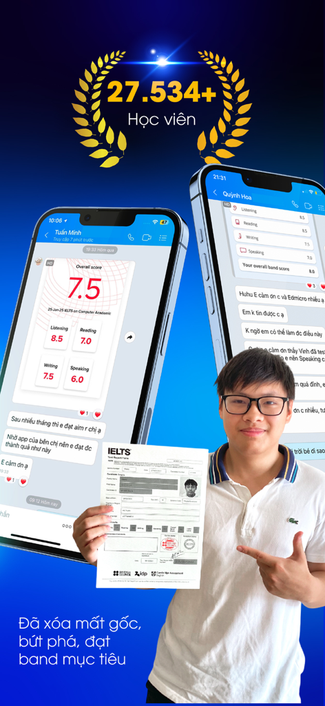 Edmicro IELTS - A happy student holding an official IELTS certificate next to phones showing high band scores of 7.5 and 8.0