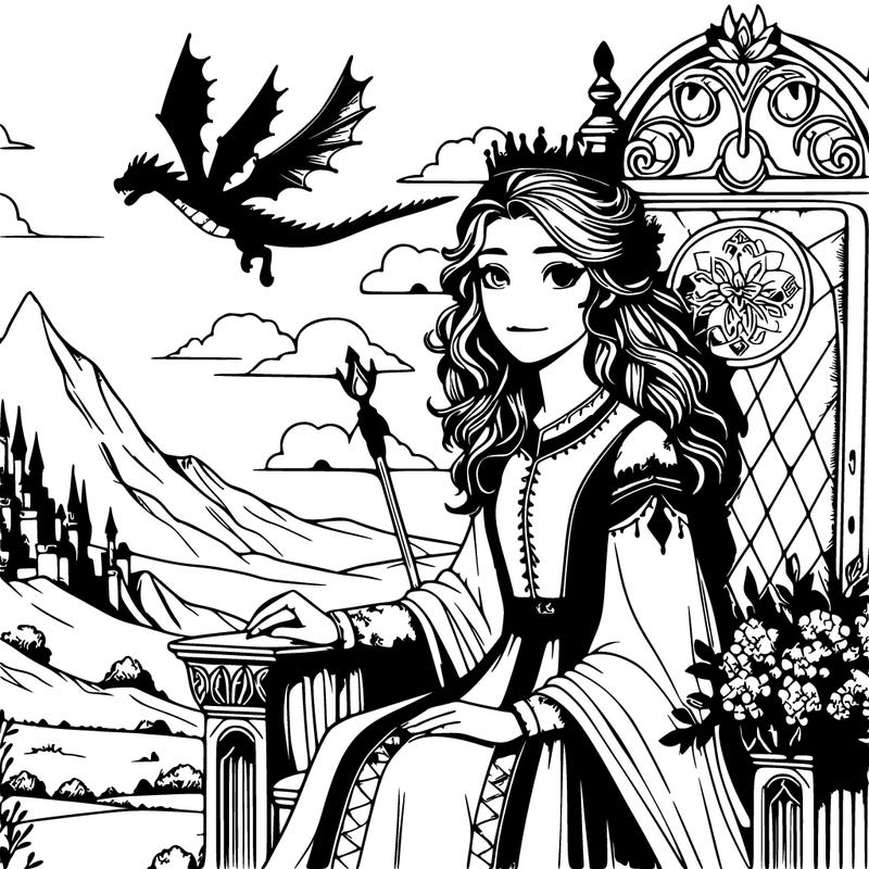 realistic full body hot queen sitting on a throne with pretty hair and a dragon flying in the sky behind her