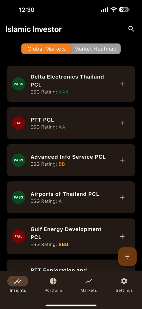 Islamic Investor - A list of global stocks in the Islamic Investor app showing Shariah compliance status and ESG ratings