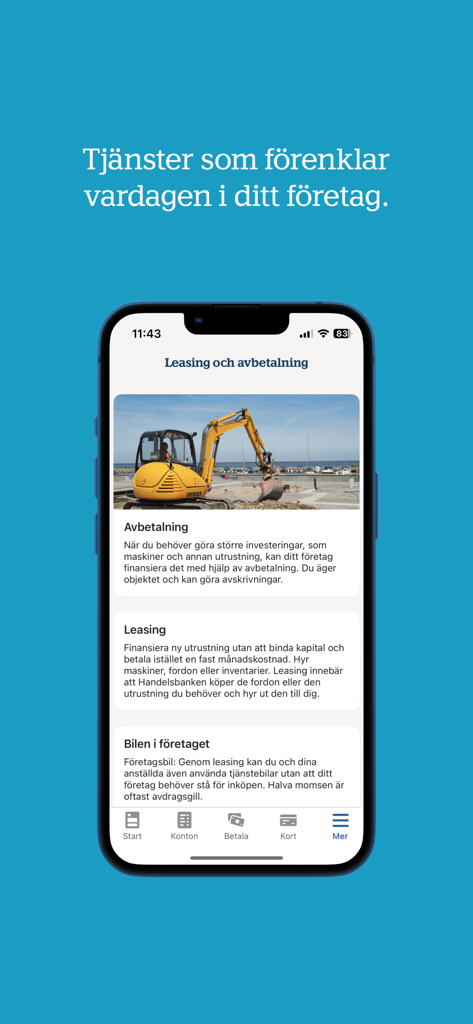 Tela do aplicativo empresarial Handelsbanken mostrando opções de leasing e parcelamento para equipamentos corporativos