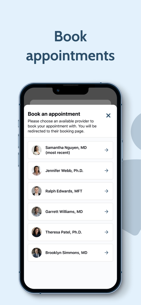 Écran de l'application mobile OnCall Health affichant une liste de prestataires de soins de santé disponibles pour réserver un rendez-vous