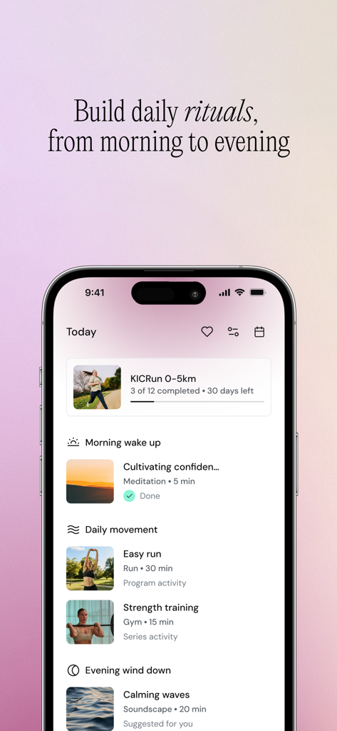 Smartphone screen showing the KIC Wellness app dashboard with a personalized daily schedule of meditations, running, and strength training.
