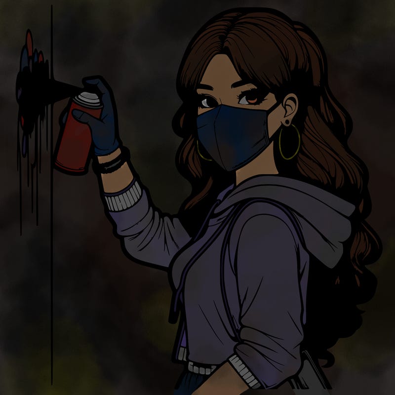 realistic girl with mask spray painting a wall