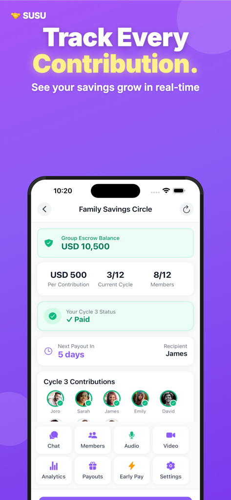 SUSU Circles - SUSU Circles app dashboard showing real-time savings contributions and family savings circle balance