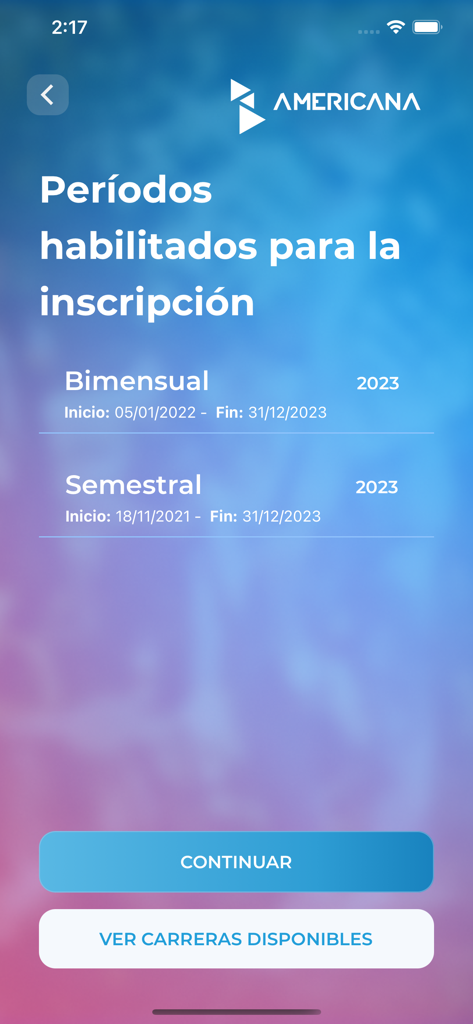 대학 등록 기간을 선택하기 위한 UA now 앱 인터페이스
