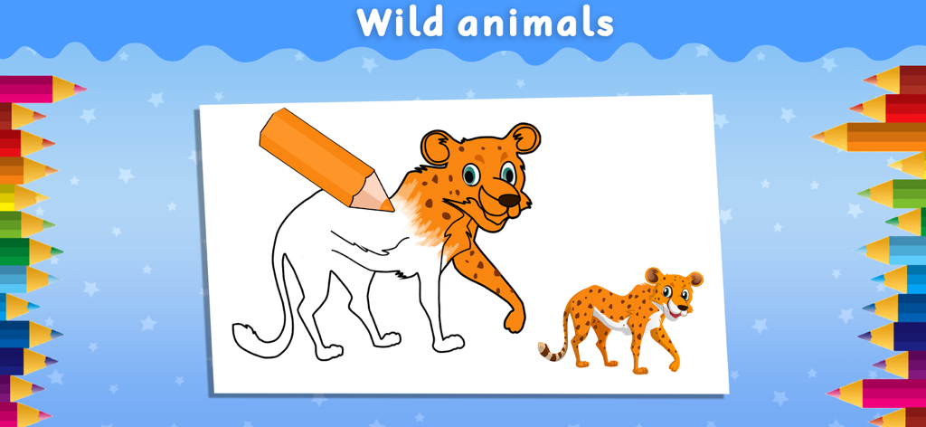 Animal Coloring Games for Kids - Interfaz de una aplicación para colorear para niños mostrando un contorno de guepardo siendo coloreado con un lápiz digital naranja