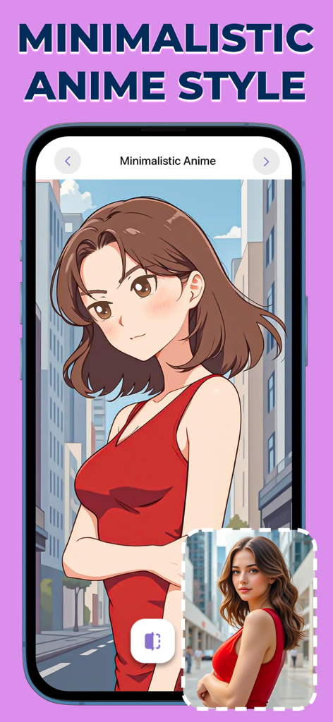 Eine Frau in einem roten Kleid, verwandelt in einen minimalistischen Anime-Charakter mit KI