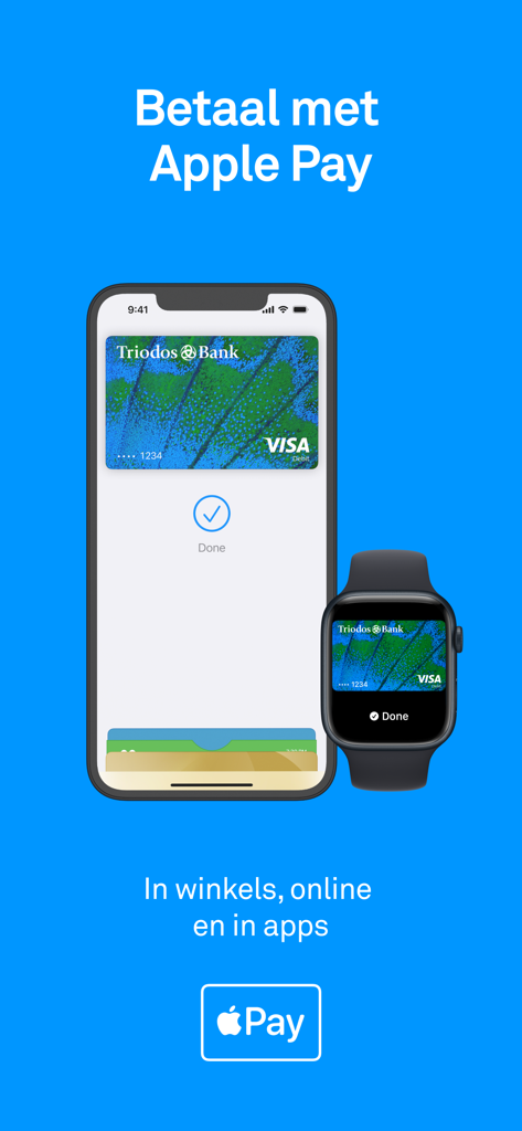 Triodos Bank debit card displayed on an iPhone and Apple Watch for Apple Pay payments