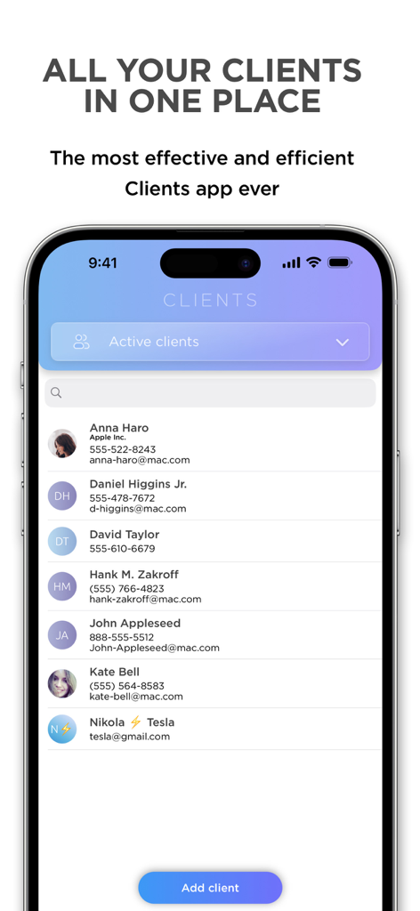 iPhone screenshot showing a list of active clients with their contact information in the Clients CRM app