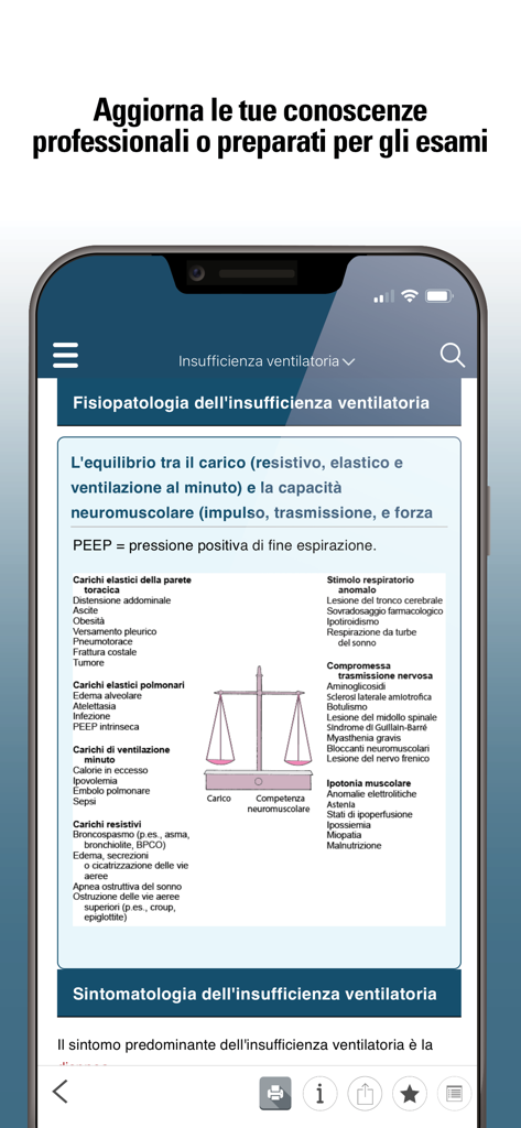 Una pantalla de información médica de la aplicación Manual MSD Profesionales que ilustra la fisiopatología de la insuficiencia ventilatoria con un diagrama de escala comparativa.