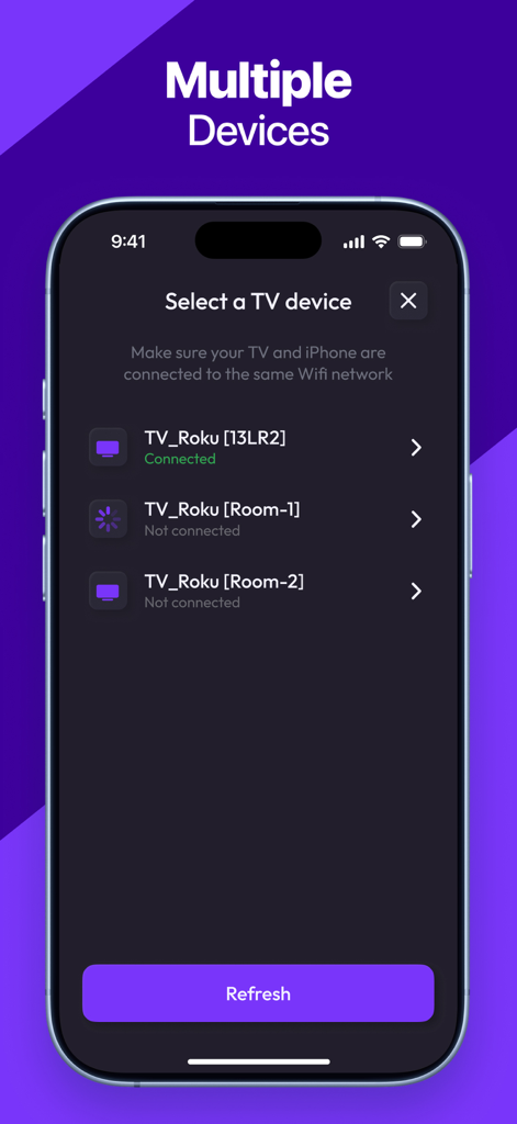 App interface for selecting and connecting to different Roku TV devices