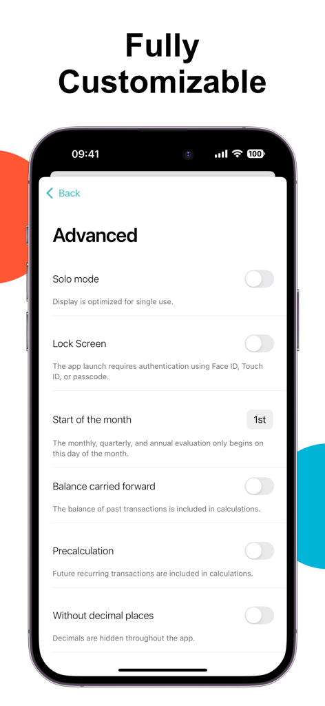 Advanced customization and security settings screen in the Monee budget tracker app