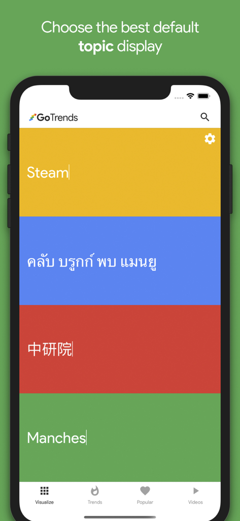 GoTrends for Google Trends - GoTrends mobile app interface for selecting trending topic display styles