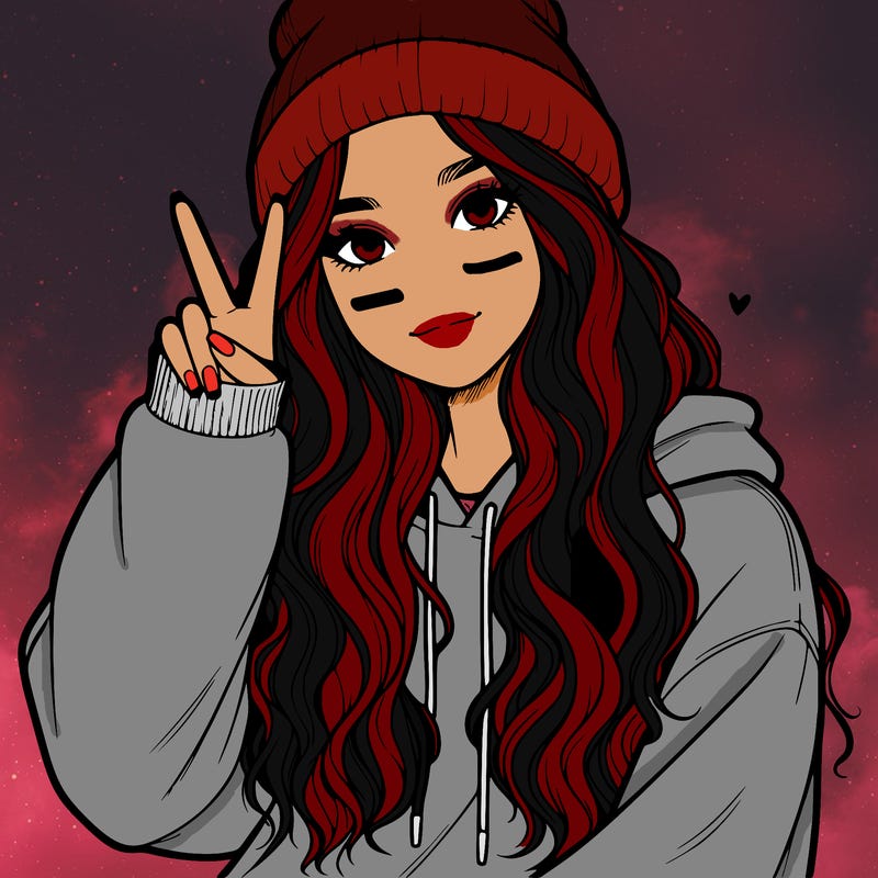 a teenage girl in a beanie, oversized sweatshirt, wavy long hair, and is showing a ✌️