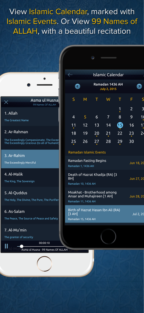 Muslim Mate Pro - Ramadan 2020 - Smartphone screens displaying the Islamic calendar with events and the 99 Names of Allah in the Muslim Mate Pro app.