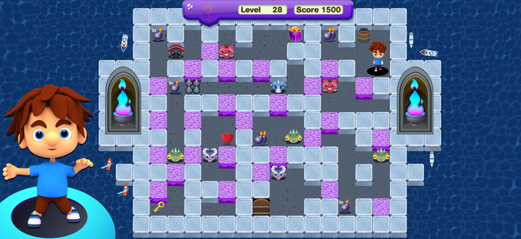 Bomber Strike Adventure - ボンバース トライク アドベンチャーのゲームプレイ画面。キャラクターが爆弾迷路をナビゲートしている様子を表示。