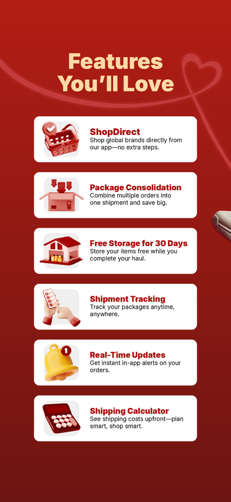 Key features of the ShippingCart app including ShopDirect package consolidation and shipment tracking
