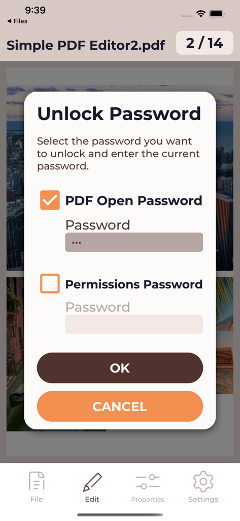 オープンパスワードと権限パスワードのオプションが表示される、パスワードロック解除画面のモバイルインターフェース