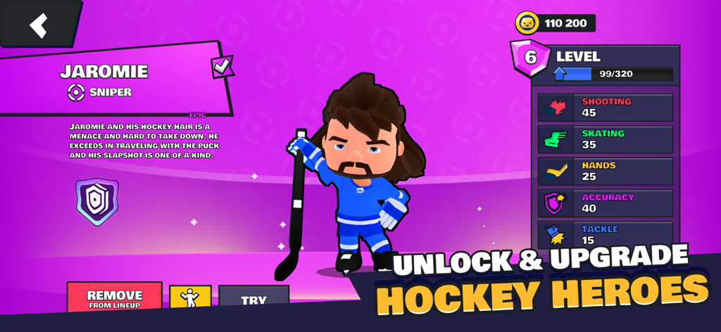 Pocket Hockey Stars - Pocket Hockey Starsヒーロープロフィールメニュー。キャラクターのステータスとアップグレードオプションを表示