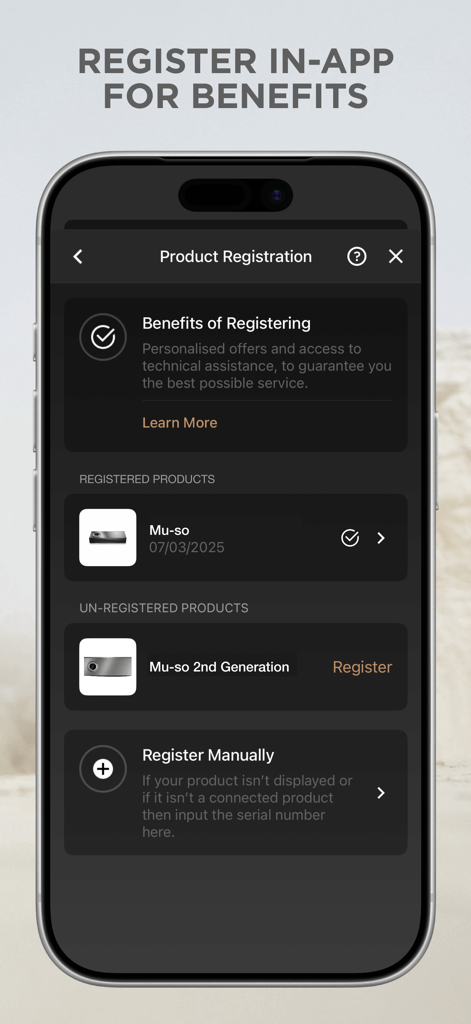 Focal & Naim - Product registration screen in the Focal and Naim app showing registered Mu-so speakers and membership benefits.