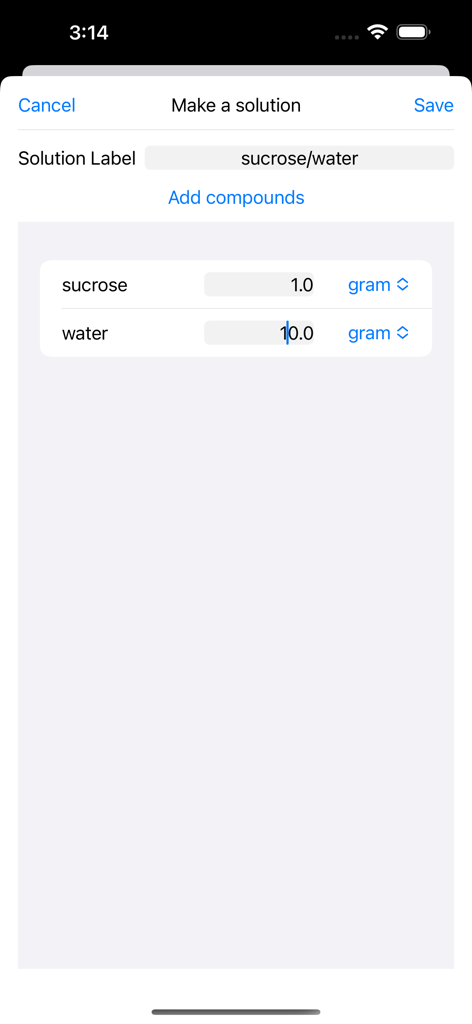 Search PubChem - The make a solution interface in the Search PubChem app showing sucrose and water quantities in grams