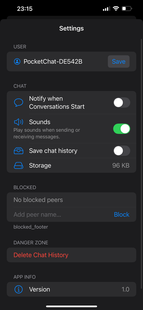 The settings screen of the PeerTalk app displaying user identification and privacy options such as chat history saving and blocked peers.