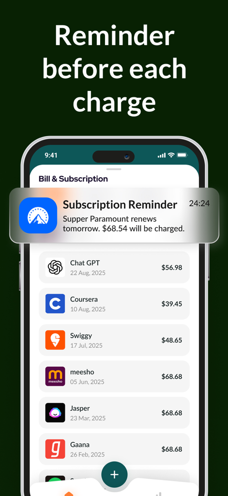 Pantalla de iPhone que muestra una notificación de recordatorio de renovación de suscripción y una lista de gastos mensuales rastreados