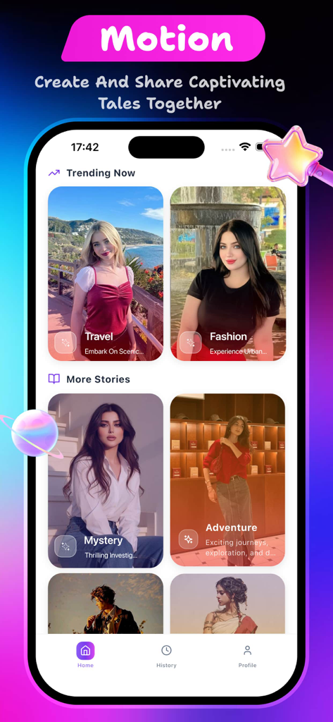 The home screen of the Curvae app featuring trending stories in categories like travel fashion and mystery