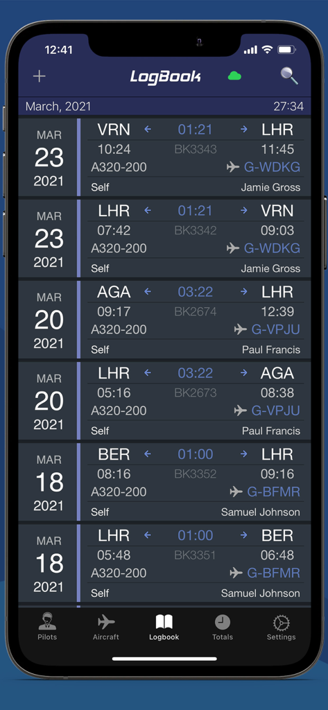 Swift Pilot Logbook app interface showing a list of flight logs with dates routes and aircraft registration details