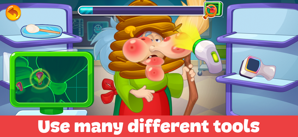 Un personaje de dibujos animados con picaduras de abeja siendo tratado con varias herramientas médicas y un monitor de rayos X en un juego de doctor para niños