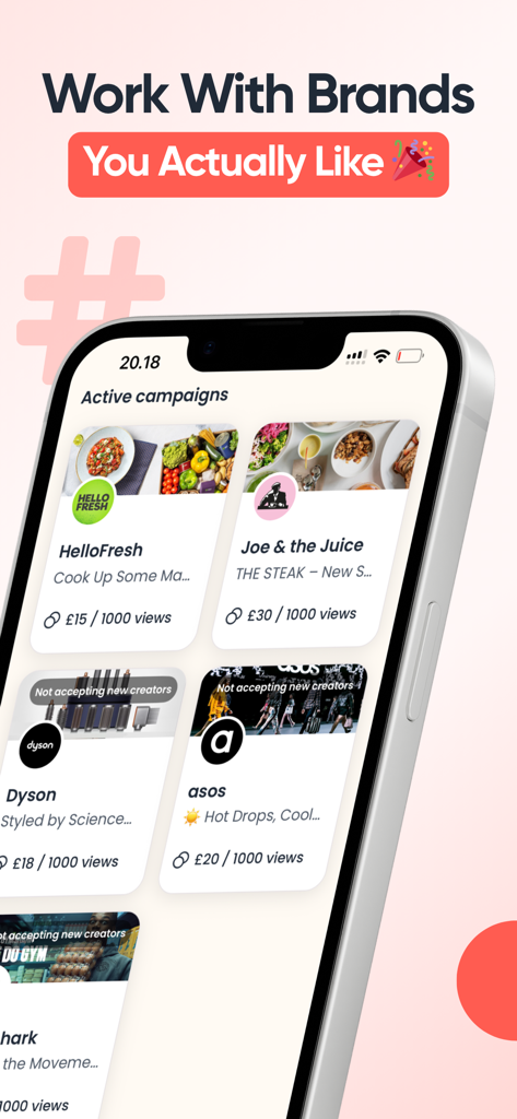 Mobile app interface showing active brand campaigns for content creators to earn money based on video views