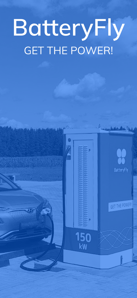 Un coche eléctrico cargando en una estación de carga rápida BatteryFly de 150kW