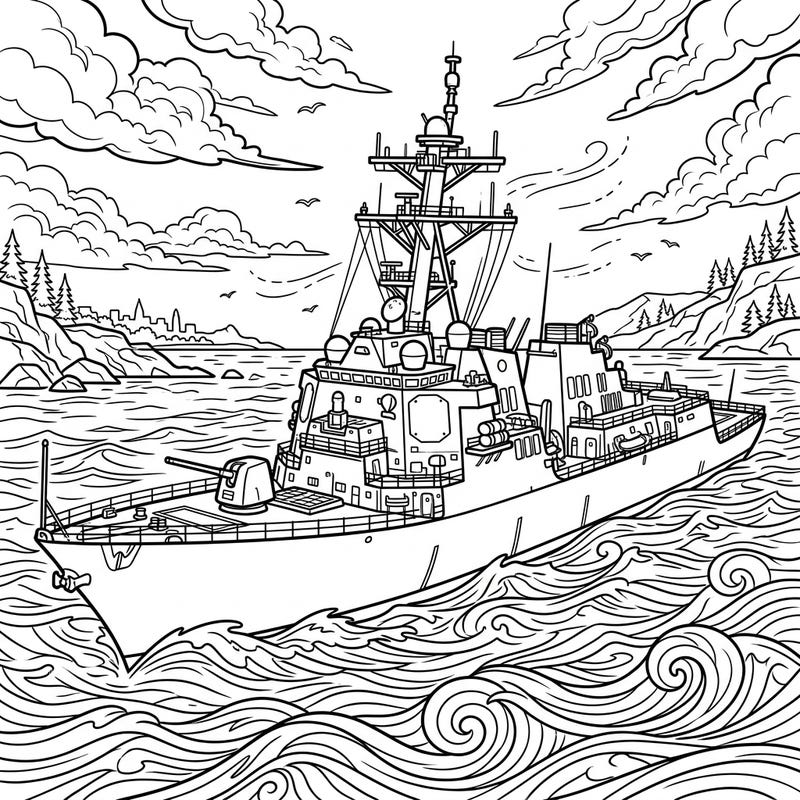 Embark on an artistic voyage with this intricate coloring page featuring a powerful destroyer warship. Explore the complex details of this naval vessel against a stunning backdrop of ocean waves and distant shores.